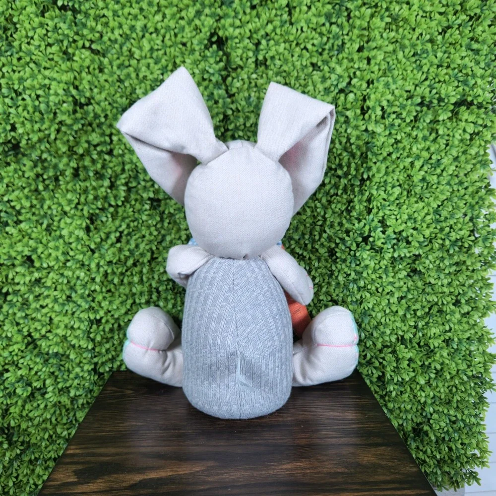 Grey Fabric Easter Bunny Figurine Weighted Shelf Sitter with Carrot and Bow Tie